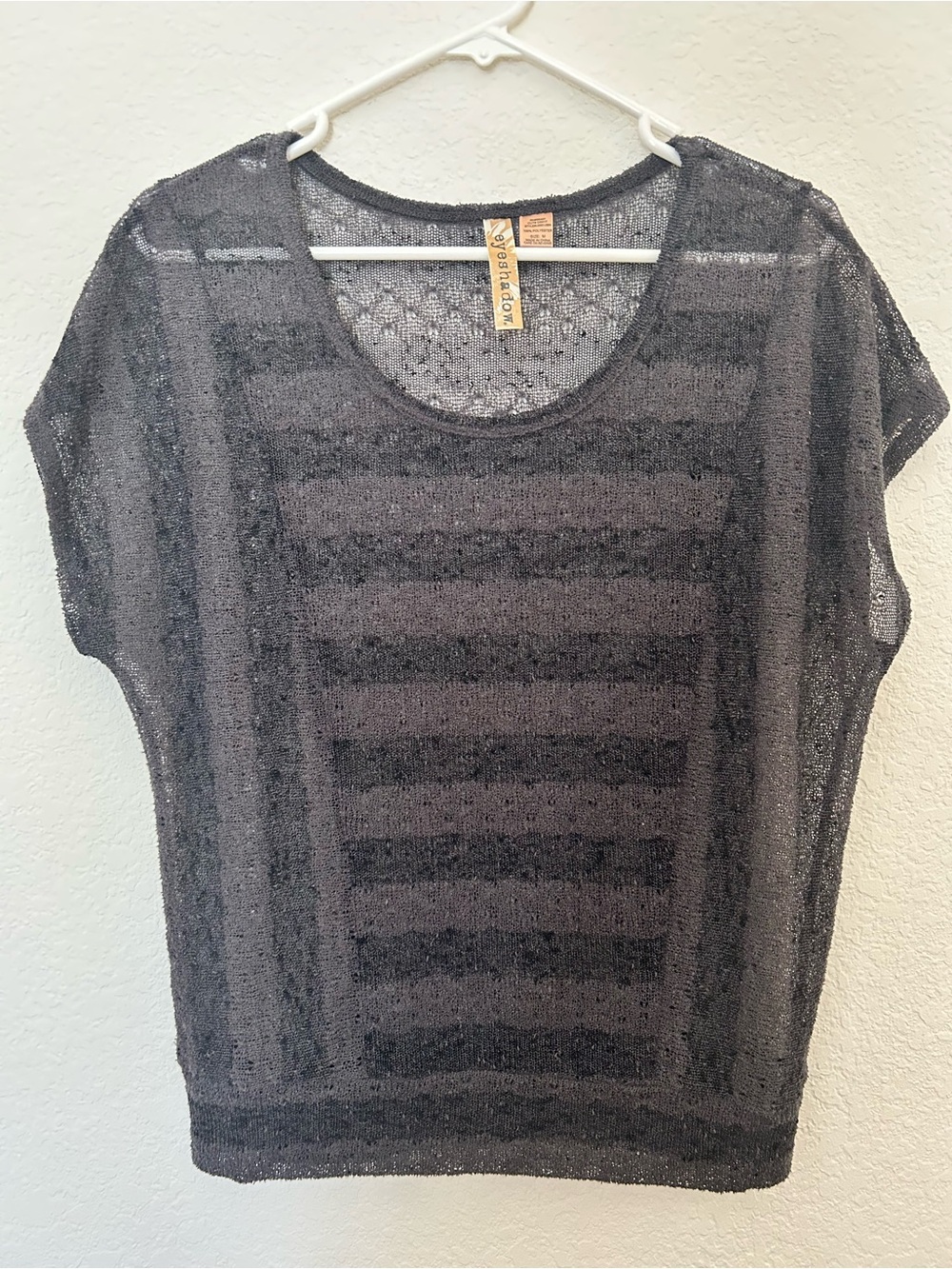Eyeshadow Black Striped Sheer Knit Short Sleeve Scoop Neck Top - Size M